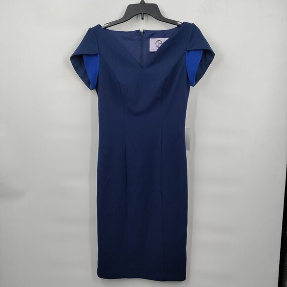 New JS Collections Tulip Sleeve V Neck Mini Structured Dress Size 2 Women Blue - Picture 5 of 16